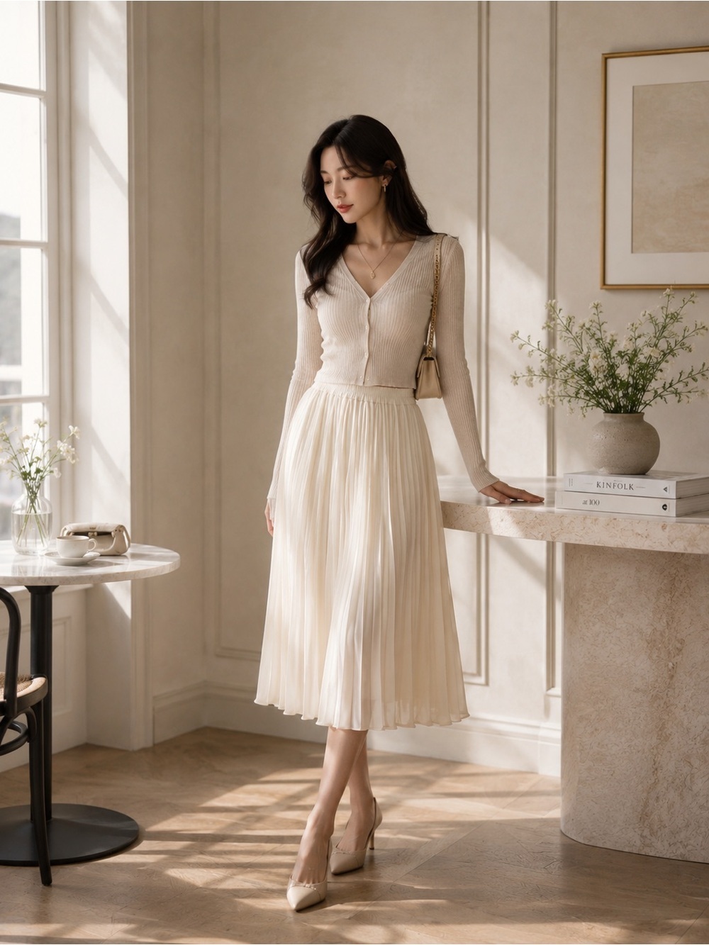 Korean style Women’s Cream pleated midi Skirt size Xs-M